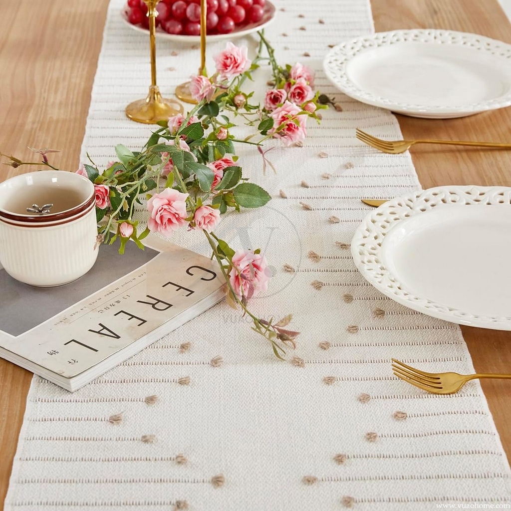 Vuao Camino de mesa bohemio, tejido de algodón natural, macramé, 35 x 182 cm