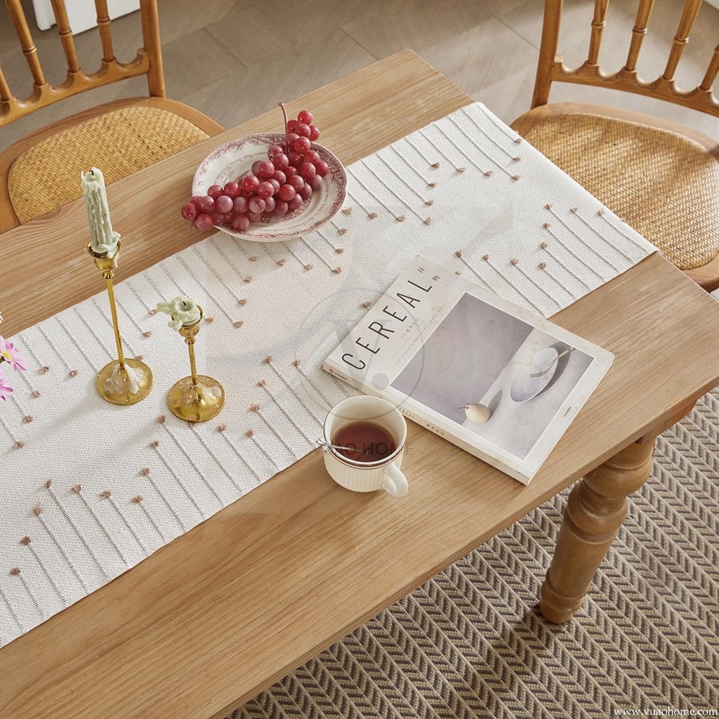 Vuao Camino de mesa bohemio, tejido de algodón natural, macramé, 35 x 182 cm