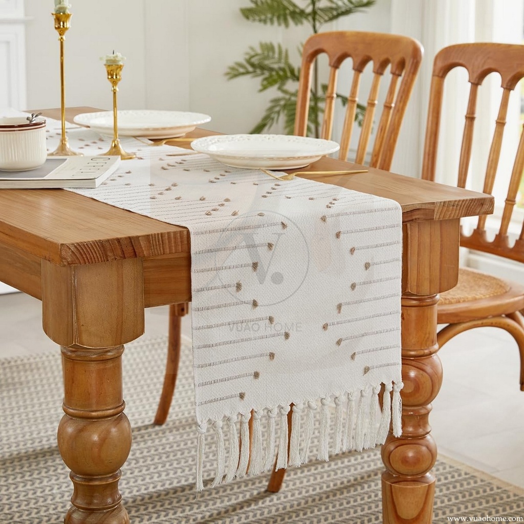 Vuao Camino de mesa bohemio, tejido de algodón natural, macramé, 35 x 182 cm