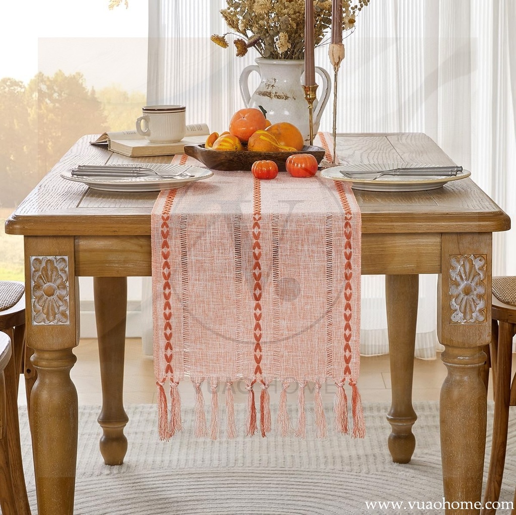 Vuao Camino de mesa de otoño de lino de 72 pulgadas de largo, con borlas de mano para Acción de Gracias, (naranja cosido, 13 x 72 Inch)