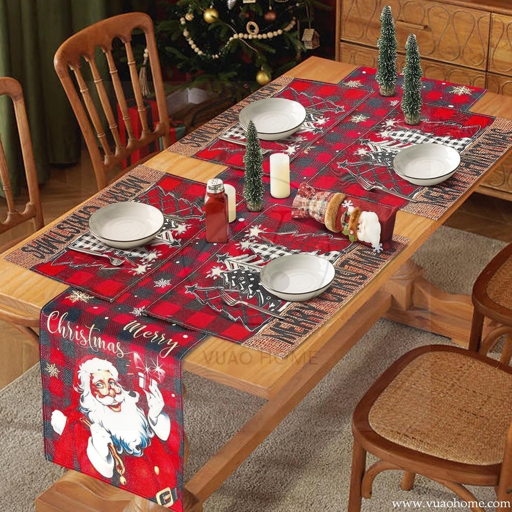 Vuao Camino de mesa y 4 individuales de Navidad, funda para botella de vino 6 piezas