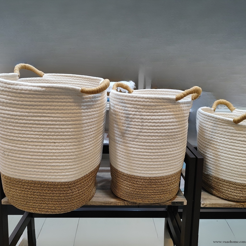 Cesta de almacenamiento tejida con asas, cesta decorativa de cuerda de algodón