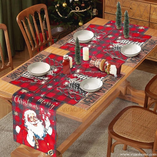 Vuao Camino de mesa y 4 individuales de Navidad, funda para botella de vino 6 piezas