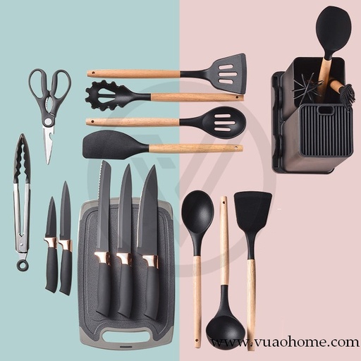 Juego de 19 utensilios de cocina de silicona, Juego de cucharas de cocina con mango de madera, herramientas para hornear
